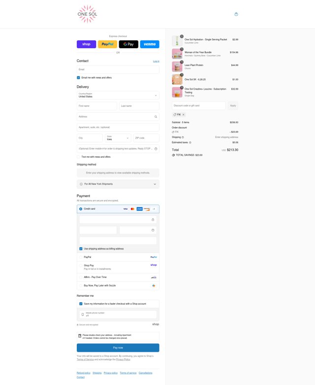 ONE SOL checkout page showing ONE SOL discount code box | Screenshot taken by SimplyCodes community member on Sep 6, 2025