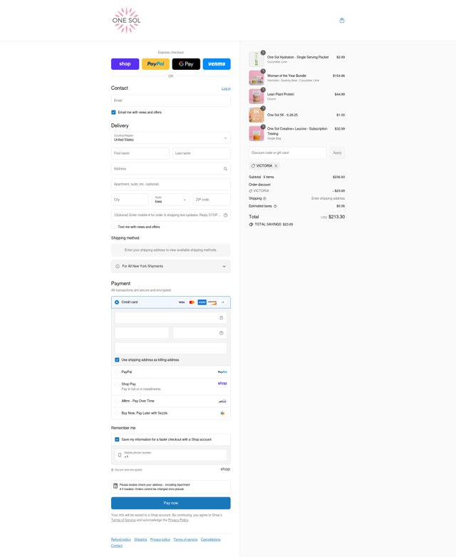 ONE SOL checkout page showing ONE SOL discount code box | Screenshot taken by SimplyCodes community member on Sep 6, 2025