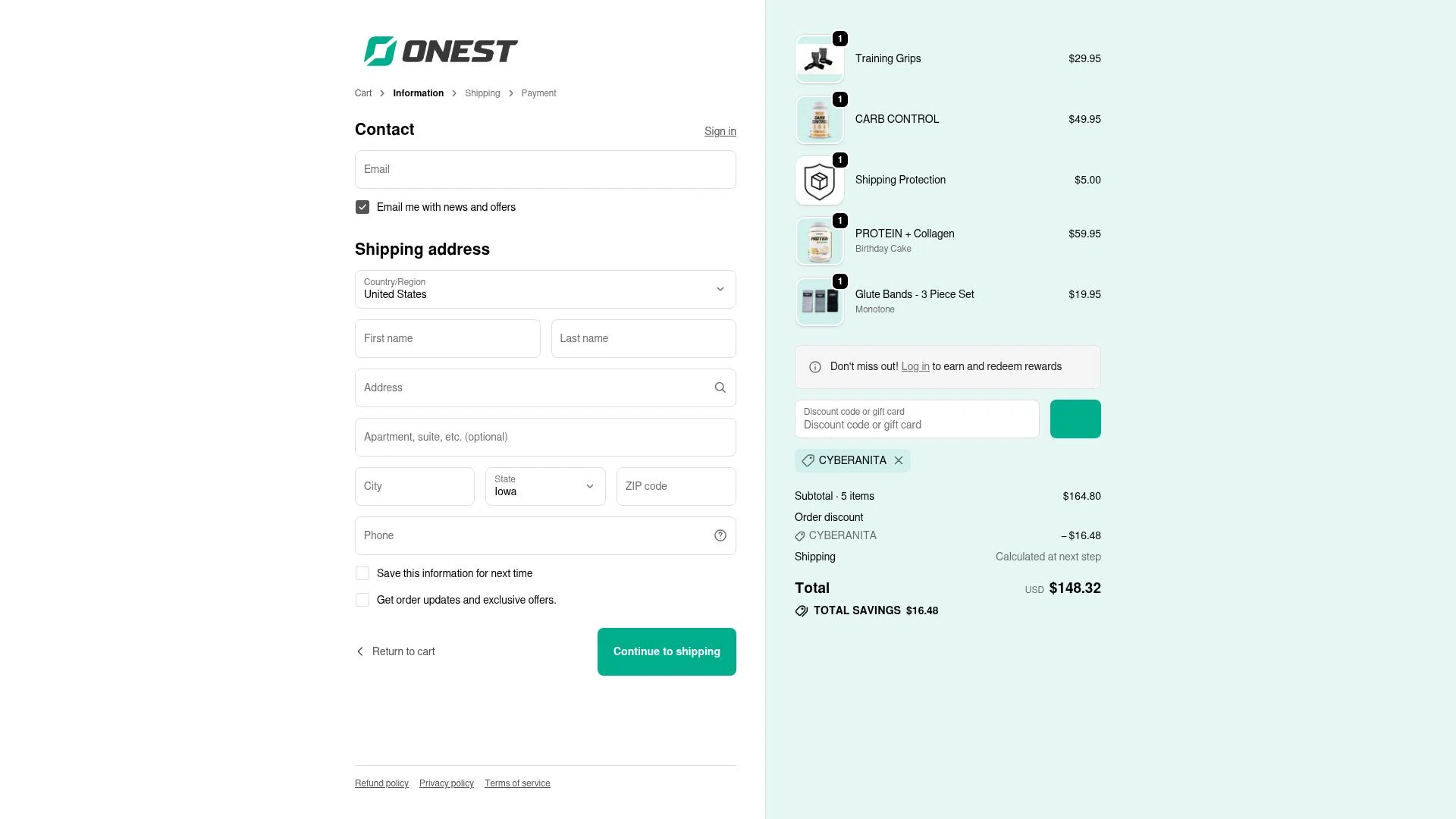 Onest Health checkout page showing Onest Health discount code box | Screenshot taken by SimplyCodes community member on Feb 8, 2026