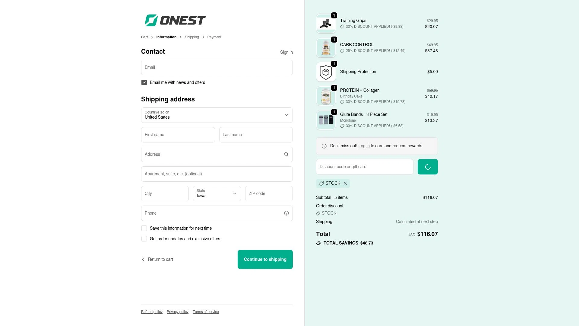 Onest Health checkout page showing Onest Health discount code box | Screenshot taken by SimplyCodes community member on Feb 8, 2026