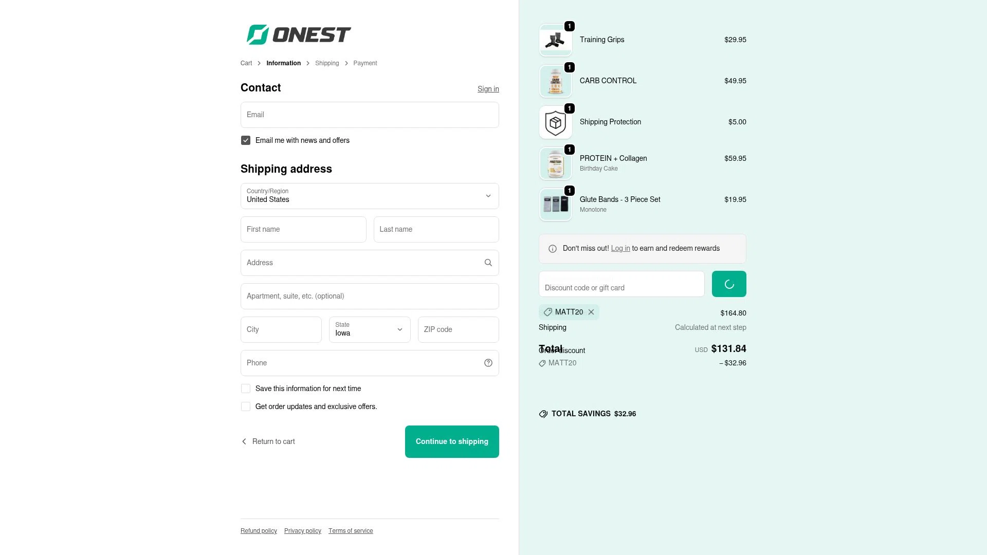 Onest Health checkout page showing Onest Health discount code box | Screenshot taken by SimplyCodes community member on Feb 8, 2026