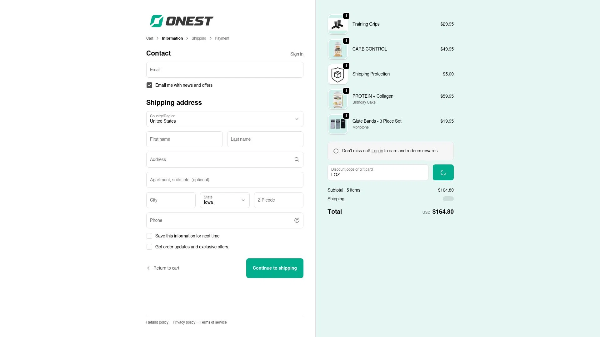 Onest Health checkout page showing Onest Health discount code box | Screenshot taken by SimplyCodes community member on Feb 8, 2026