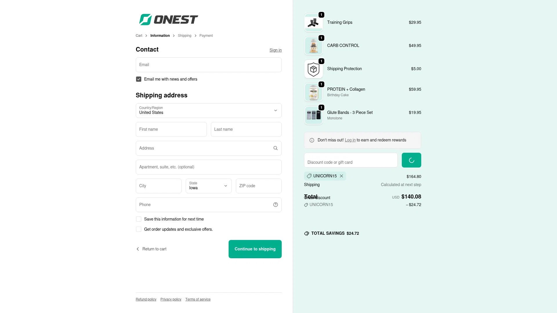 Onest Health checkout page showing Onest Health discount code box | Screenshot taken by SimplyCodes community member on Feb 8, 2026