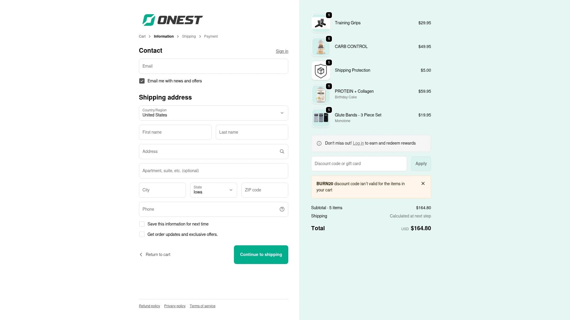 Onest Health checkout page showing Onest Health discount code box | Screenshot taken by SimplyCodes community member on Feb 8, 2026