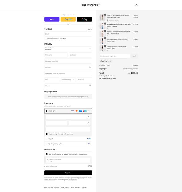 Oneteaspoon checkout page showing Oneteaspoon promo code box | Screenshot taken by SimplyCodes community member on Aug 31, 2025