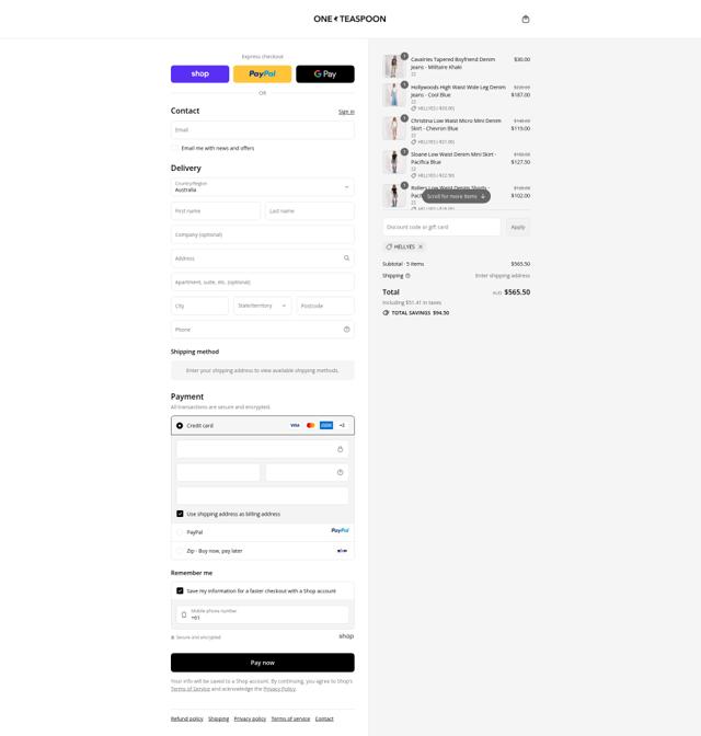 Oneteaspoon checkout page showing Oneteaspoon promo code box | Screenshot taken by SimplyCodes community member on Sep 12, 2025