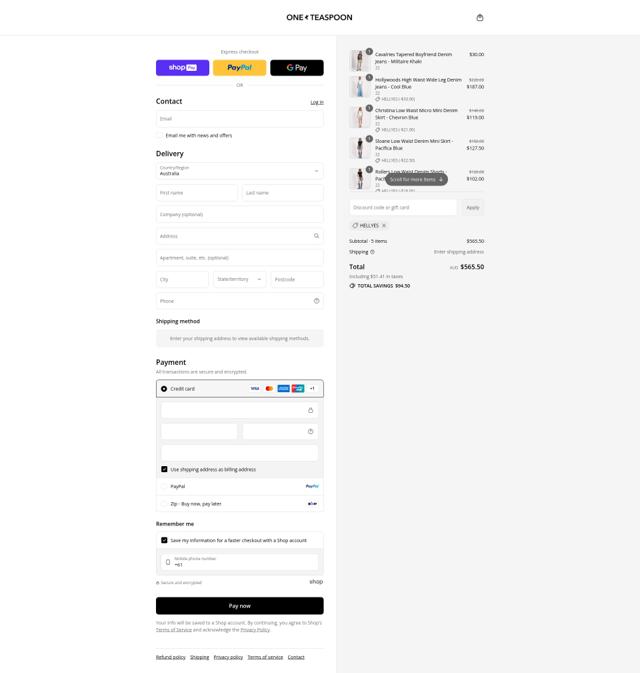 Oneteaspoon checkout page showing Oneteaspoon promo code box | Screenshot taken by SimplyCodes community member on Aug 27, 2025