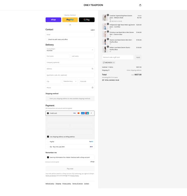 Oneteaspoon checkout page showing Oneteaspoon promo code box | Screenshot taken by SimplyCodes community member on Sep 4, 2025