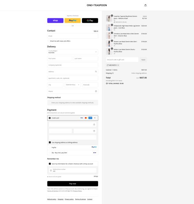 Oneteaspoon checkout page showing Oneteaspoon promo code box | Screenshot taken by SimplyCodes community member on Sep 12, 2025