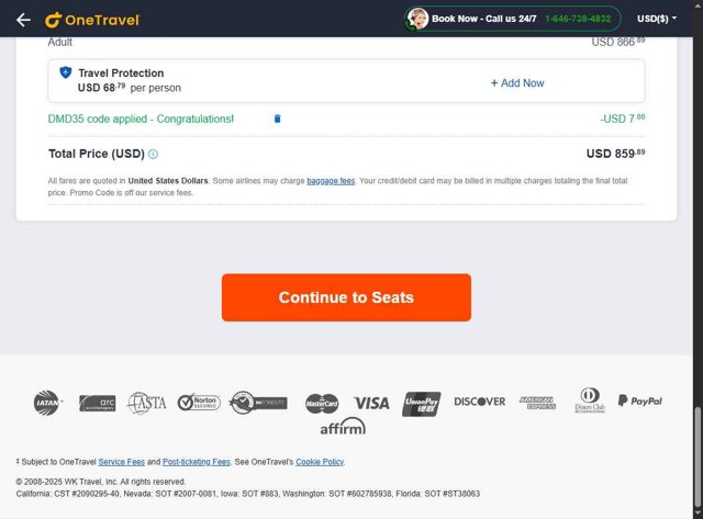 OneTravel checkout page showing OneTravel promo code box | Screenshot taken by SimplyCodes community member on May 15, 2025