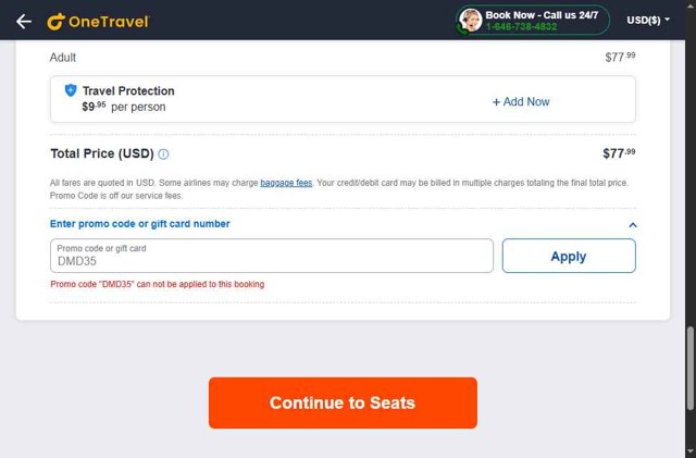 OneTravel checkout page showing OneTravel promo code box | Screenshot taken by SimplyCodes community member on Jul 24, 2025