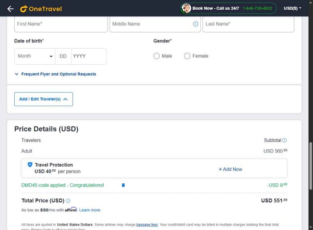 OneTravel checkout page showing OneTravel promo code box | Screenshot taken by SimplyCodes community member on May 23, 2025
