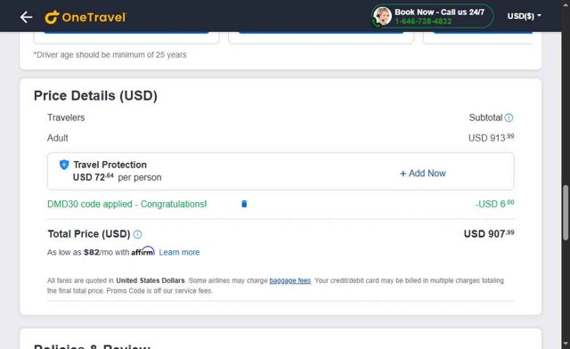 OneTravel checkout page showing OneTravel promo code box | Screenshot taken by SimplyCodes community member on Sep 3, 2025
