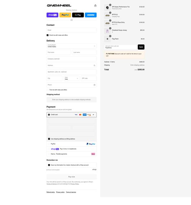 Onewheel checkout page showing Onewheel discount code box | Screenshot taken by SimplyCodes community member on Aug 1, 2025