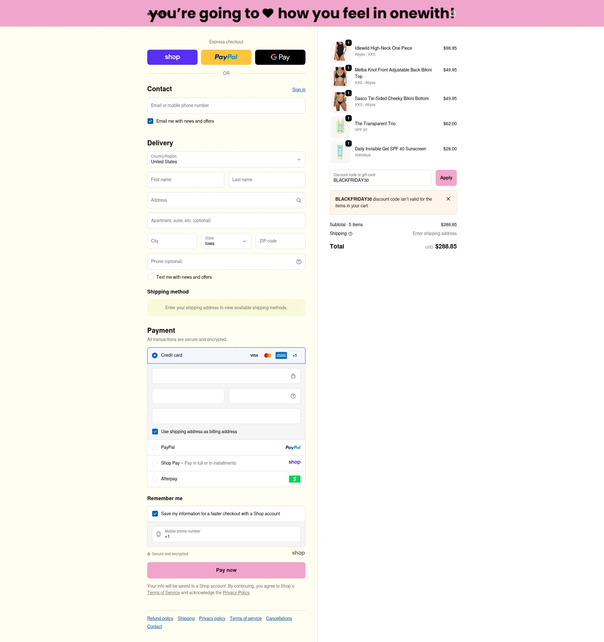 onewith checkout page showing onewith promo code box | Screenshot taken by SimplyCodes community member on Nov 29, 2025