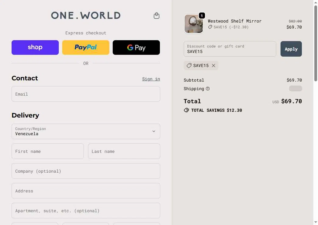 One World checkout page showing One World promo code box | Screenshot taken by SimplyCodes community member on Jan 6, 2026