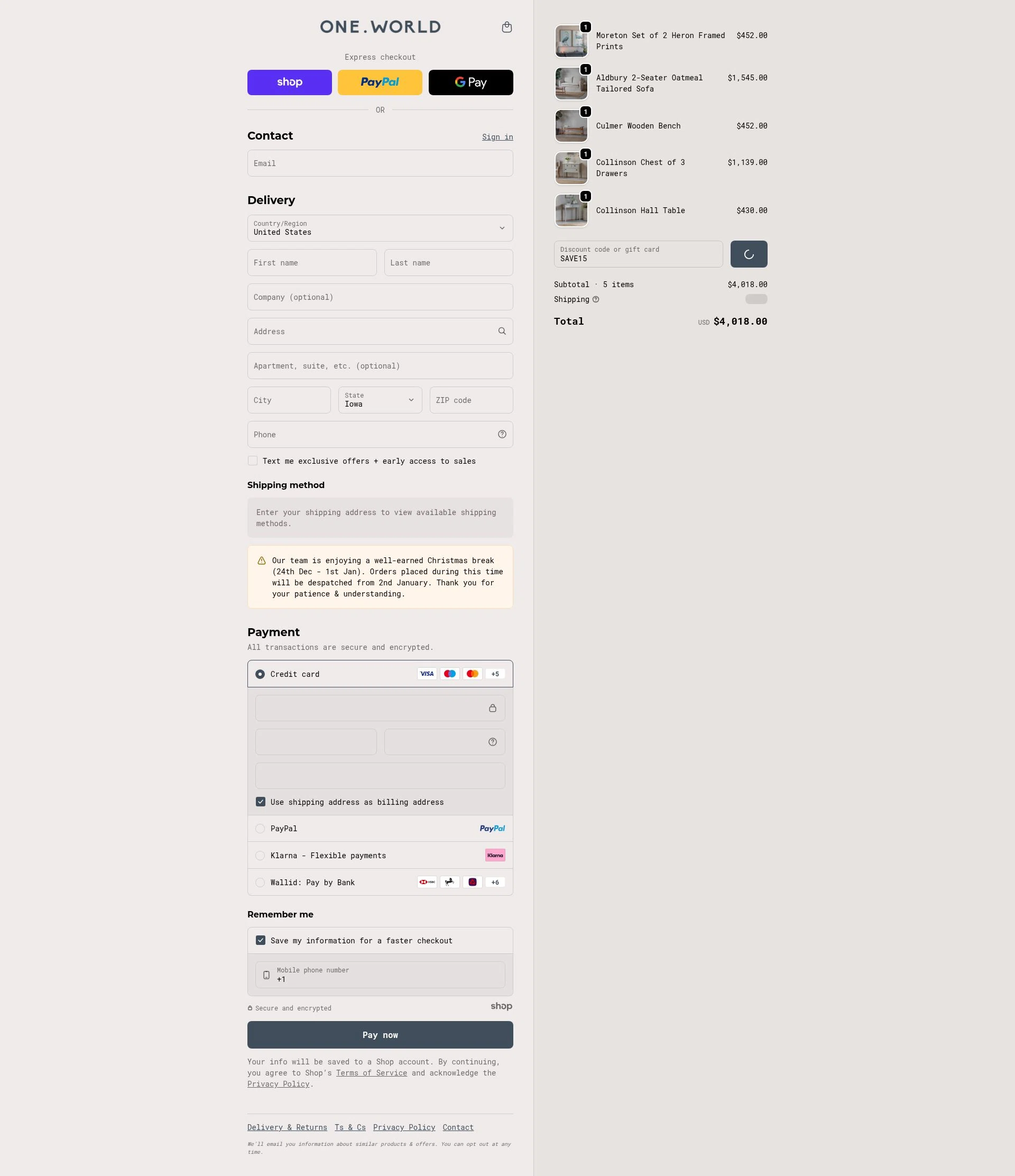 One World checkout page showing One World promo code box | Screenshot taken by SimplyCodes community member on Jan 3, 2026
