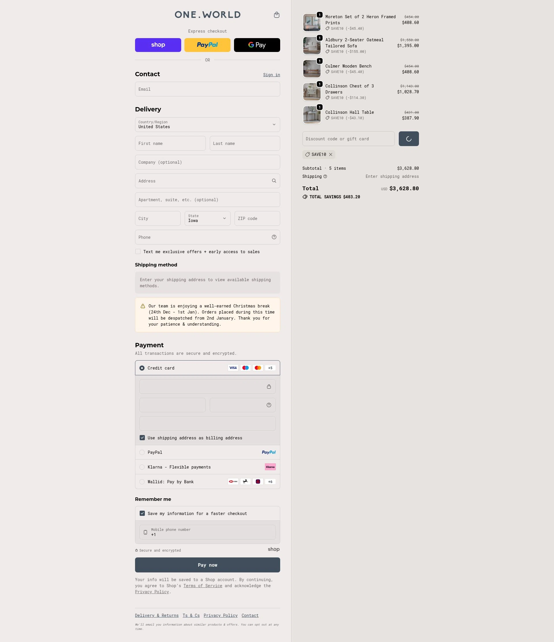 One World checkout page showing One World promo code box | Screenshot taken by SimplyCodes community member on Dec 29, 2025