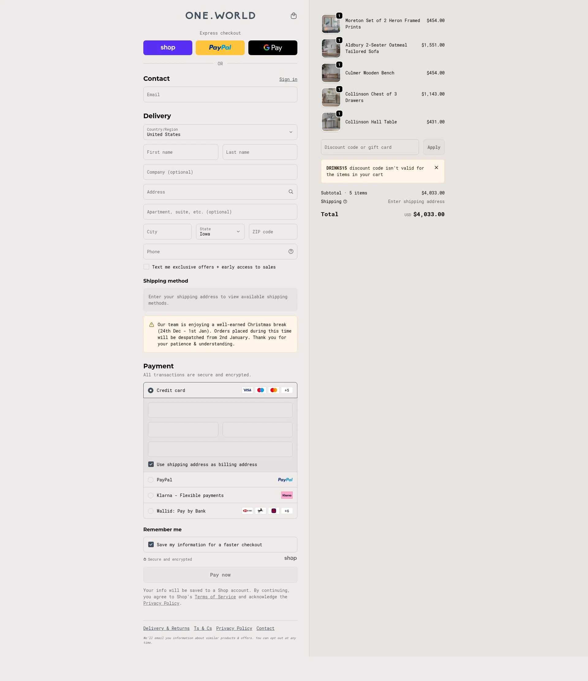 One World checkout page showing One World promo code box | Screenshot taken by SimplyCodes community member on Dec 25, 2025