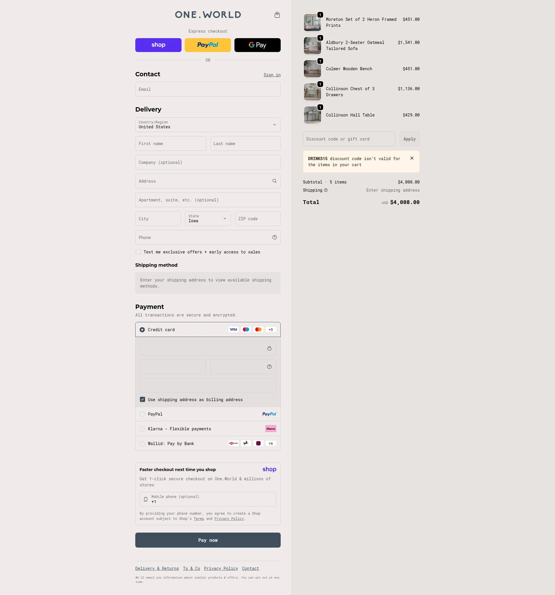One World checkout page showing One World promo code box | Screenshot taken by SimplyCodes community member on Jan 9, 2026
