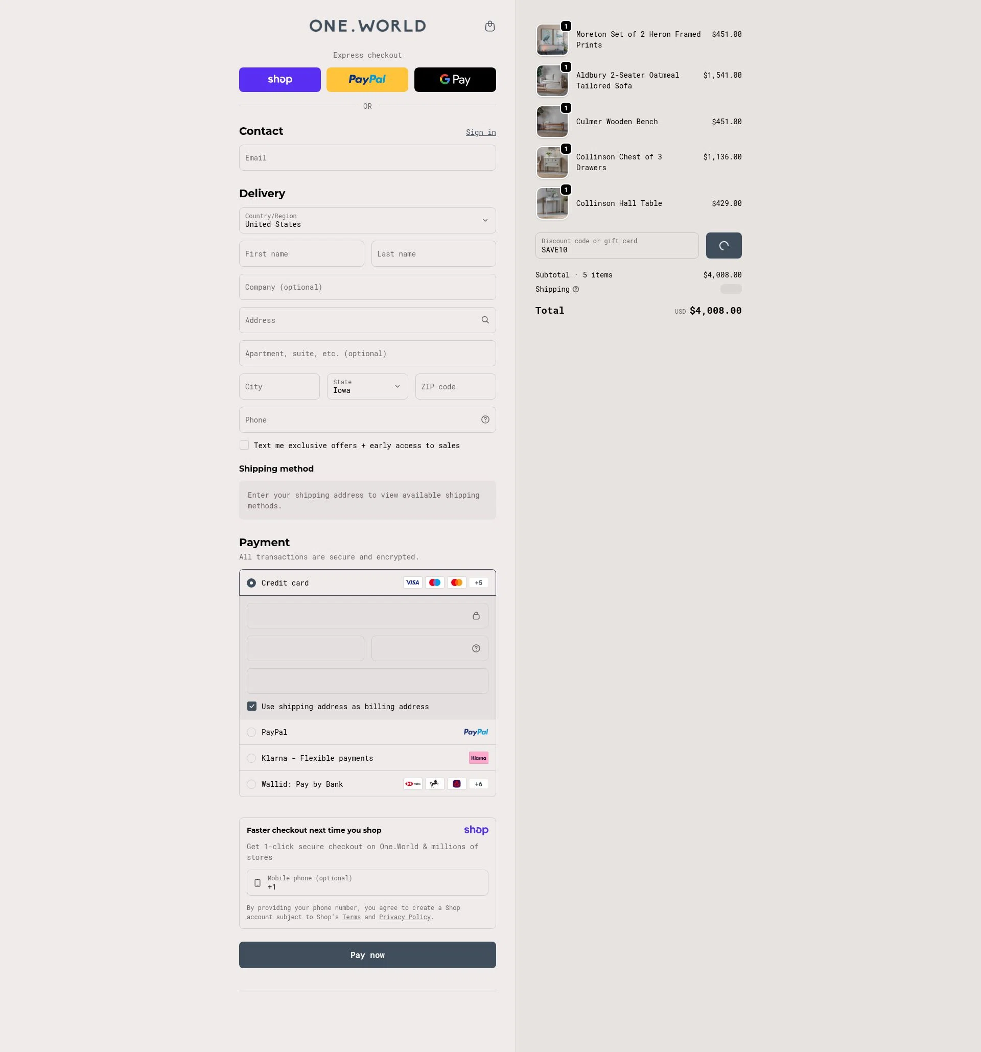 One World checkout page showing One World promo code box | Screenshot taken by SimplyCodes community member on Jan 9, 2026