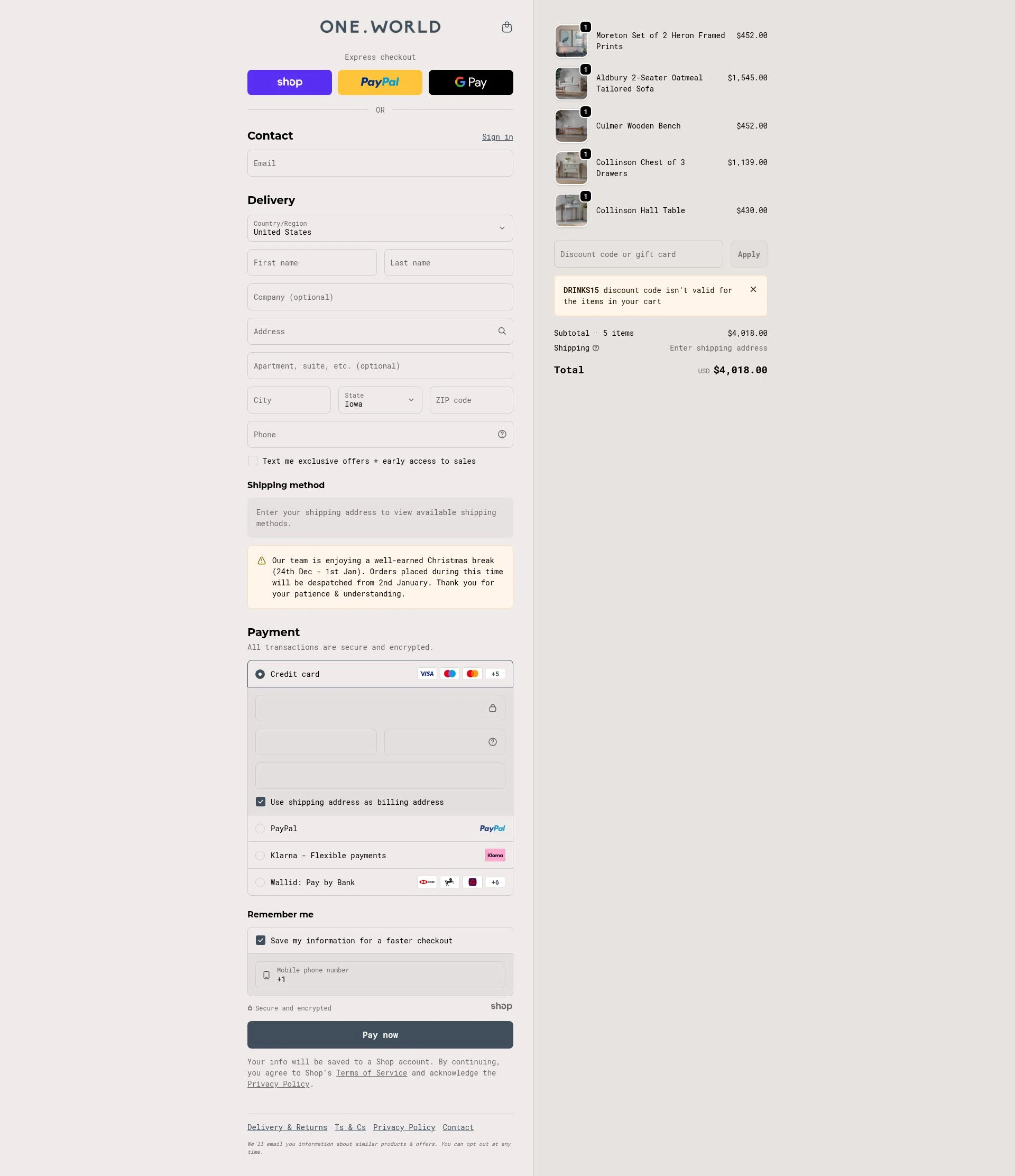 One World checkout page showing One World promo code box | Screenshot taken by SimplyCodes community member on Jan 3, 2026