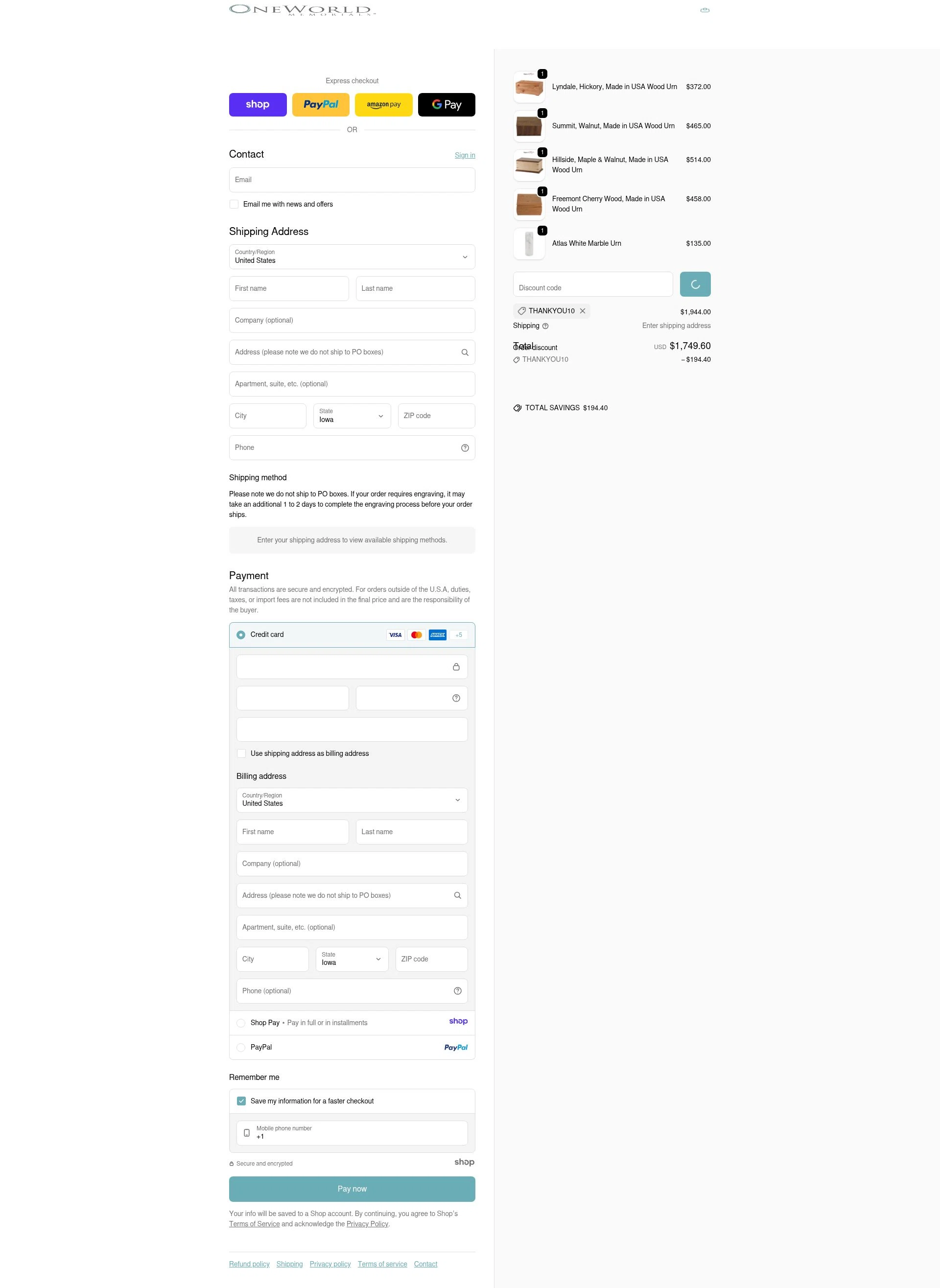 OneWorld Memorials checkout page showing OneWorld Memorials discount code box | Screenshot taken by SimplyCodes community member on Jan 8, 2026