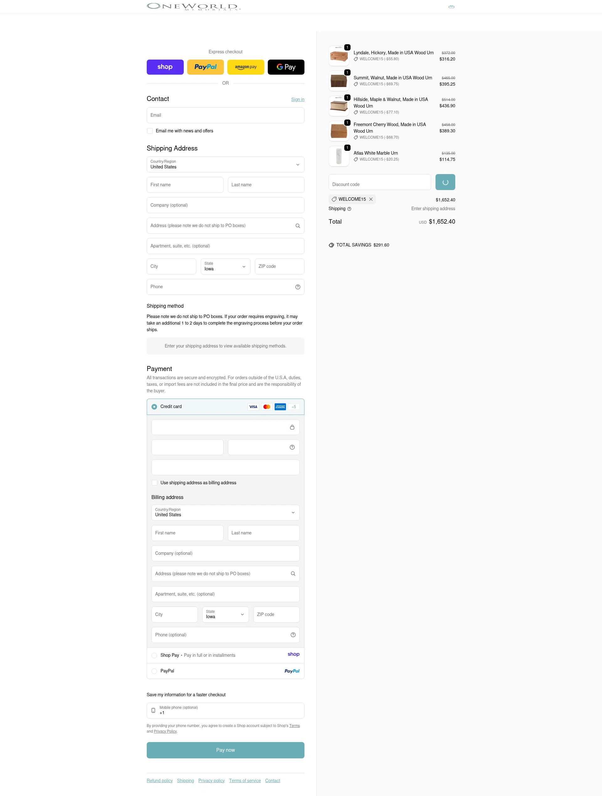 OneWorld Memorials checkout page showing OneWorld Memorials discount code box | Screenshot taken by SimplyCodes community member on Jan 13, 2026