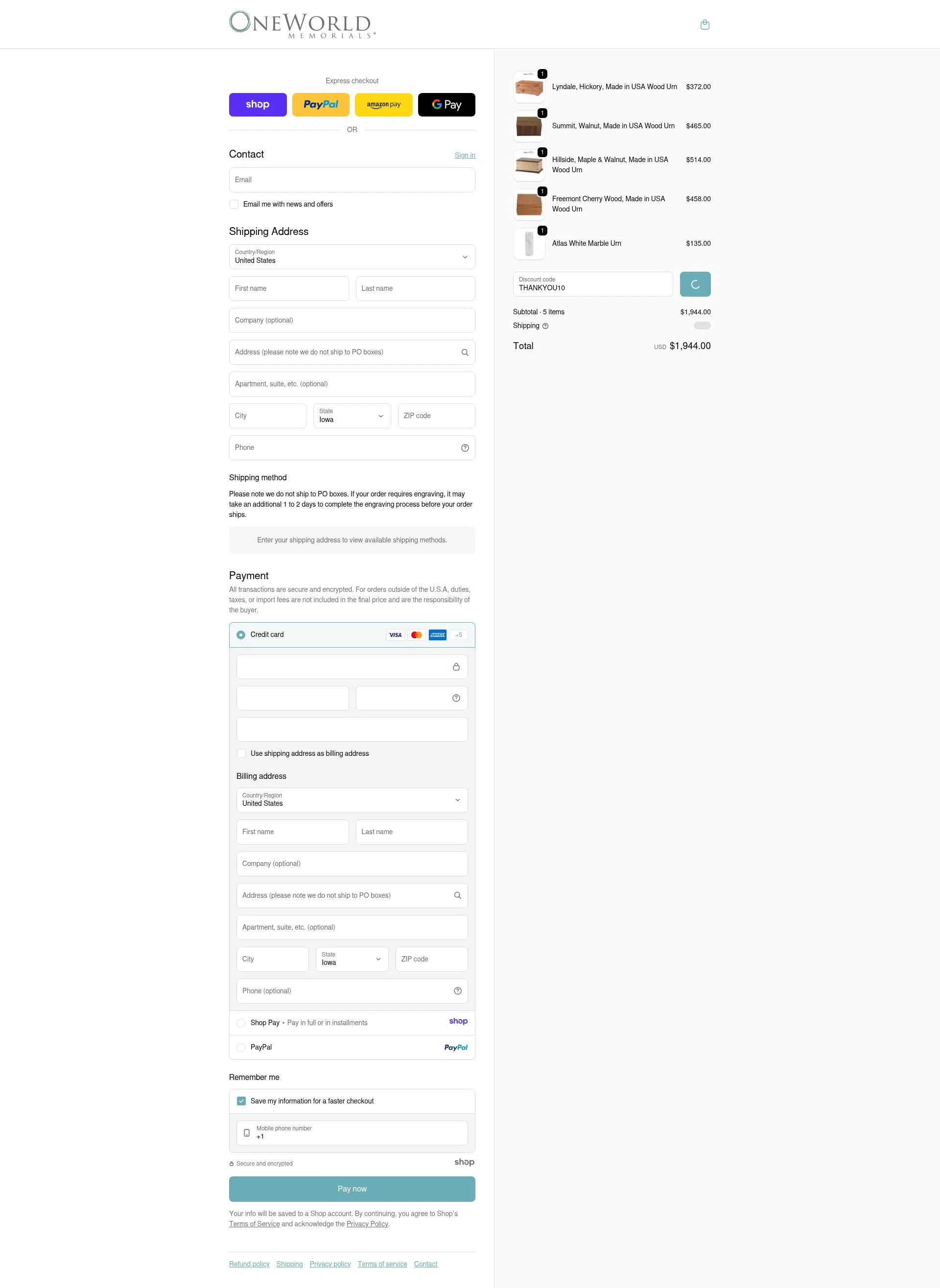 OneWorld Memorials checkout page showing OneWorld Memorials discount code box | Screenshot taken by SimplyCodes community member on Dec 28, 2025
