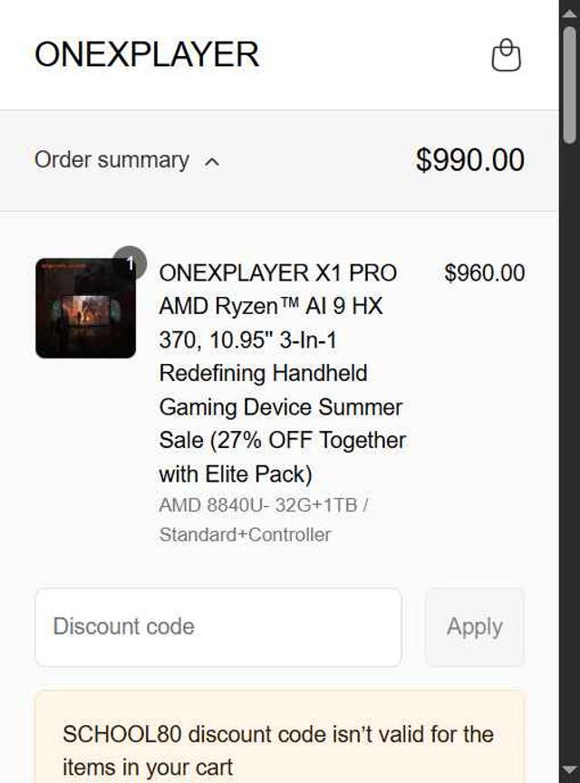 ONEXPLAYER checkout page showing ONEXPLAYER discount code box | Screenshot taken by SimplyCodes community member on Jul 20, 2025