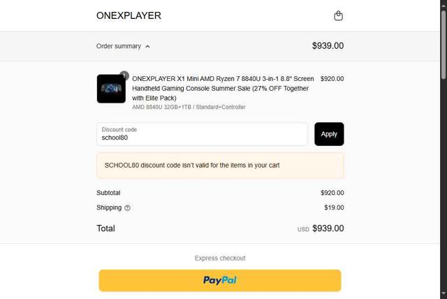 ONEXPLAYER checkout page showing ONEXPLAYER discount code box | Screenshot taken by SimplyCodes community member on Jul 20, 2025