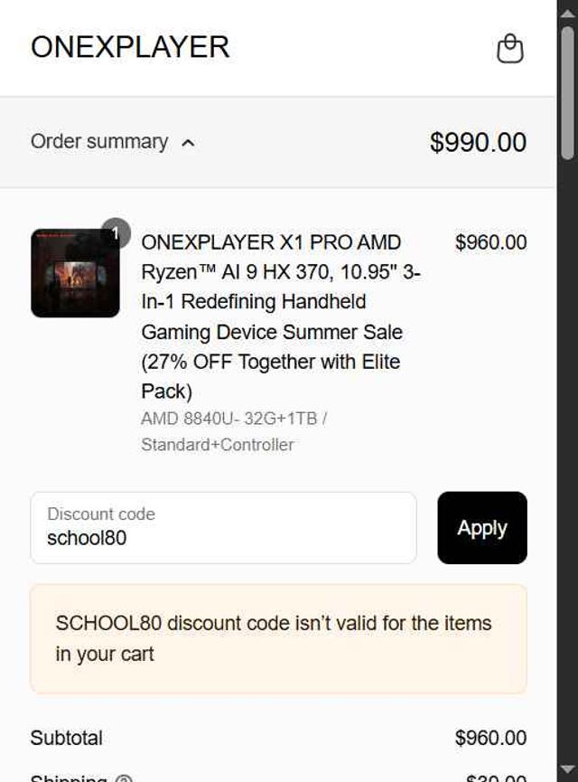 ONEXPLAYER checkout page showing ONEXPLAYER discount code box | Screenshot taken by SimplyCodes community member on Jul 20, 2025