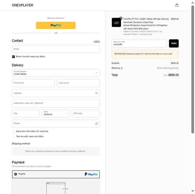ONEXPLAYER checkout page showing ONEXPLAYER discount code box | Screenshot taken by SimplyCodes community member on Jun 14, 2025