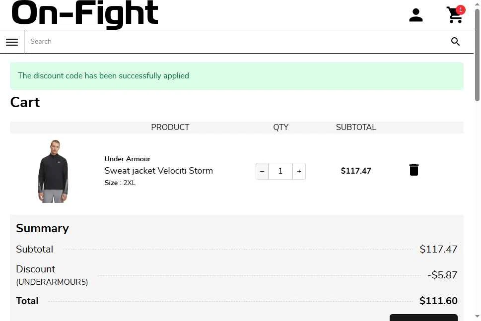On-Fight checkout page showing On-Fight promo code box | Screenshot taken by SimplyCodes community member on Nov 1, 2025