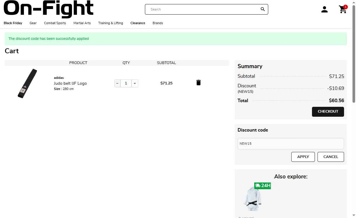 On-Fight checkout page showing On-Fight promo code box | Screenshot taken by SimplyCodes community member on Nov 22, 2025