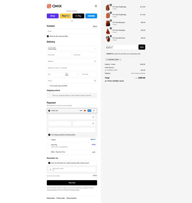 Onix Pickleball checkout page showing Onix Pickleball discount code box | Screenshot taken by SimplyCodes community member on Sep 9, 2025