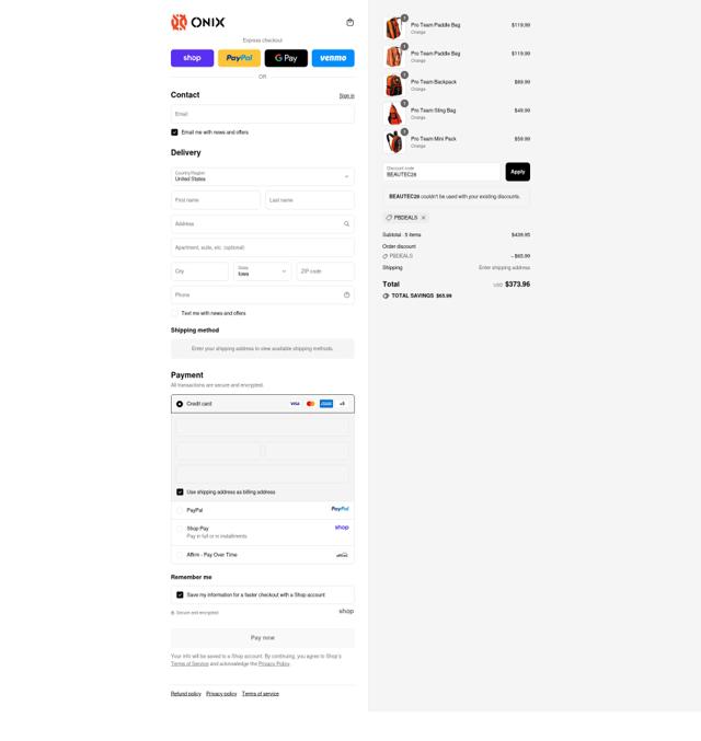 Onix Pickleball checkout page showing Onix Pickleball discount code box | Screenshot taken by SimplyCodes community member on Sep 9, 2025