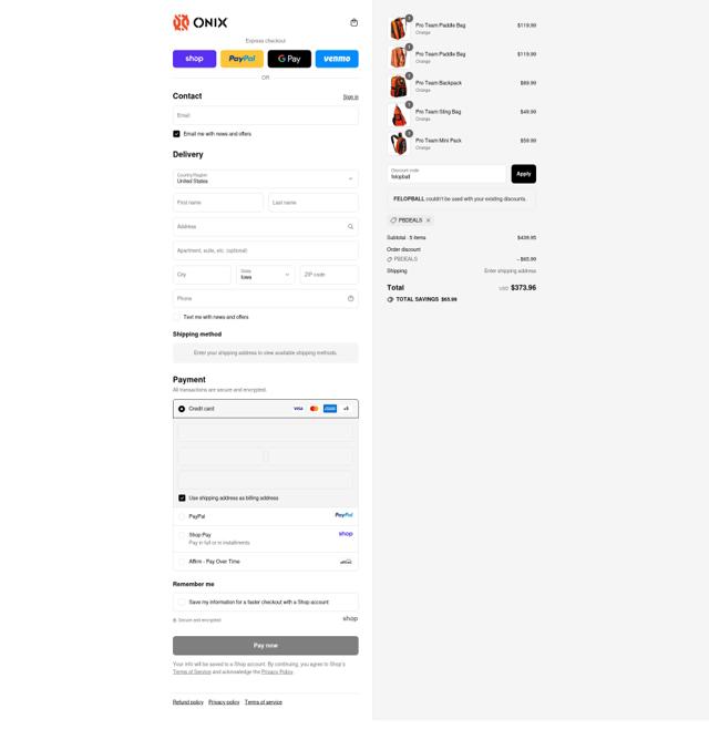 Onix Pickleball checkout page showing Onix Pickleball discount code box | Screenshot taken by SimplyCodes community member on Sep 9, 2025
