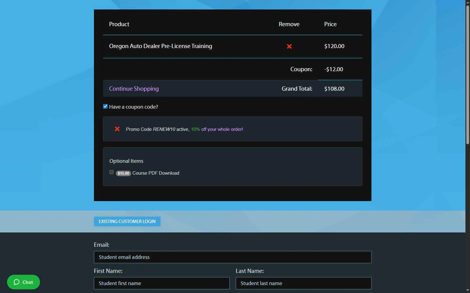 Online Auto Dealer Ed checkout page showing Online Auto Dealer Ed promo code box | Screenshot taken by SimplyCodes community member on Dec 13, 2025