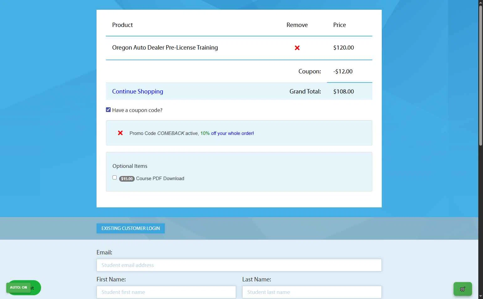 Online Auto Dealer Ed checkout page showing Online Auto Dealer Ed promo code box | Screenshot taken by SimplyCodes community member on Dec 4, 2025