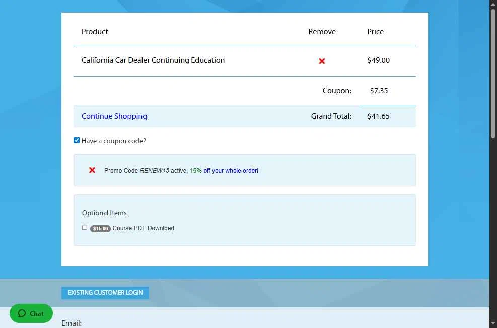 Online Auto Dealer Ed checkout page showing Online Auto Dealer Ed promo code box | Screenshot taken by SimplyCodes community member on Dec 11, 2025