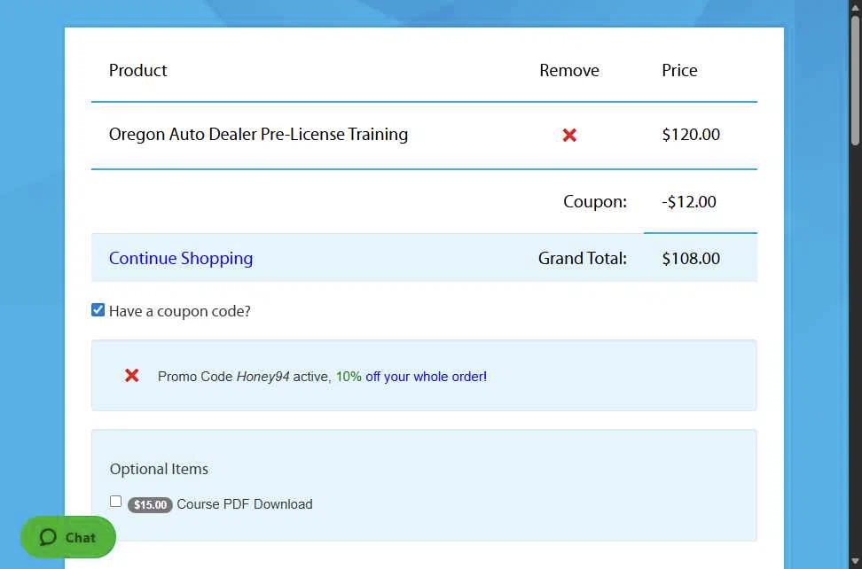 Online Auto Dealer Ed checkout page showing Online Auto Dealer Ed promo code box | Screenshot taken by SimplyCodes community member on Dec 4, 2025
