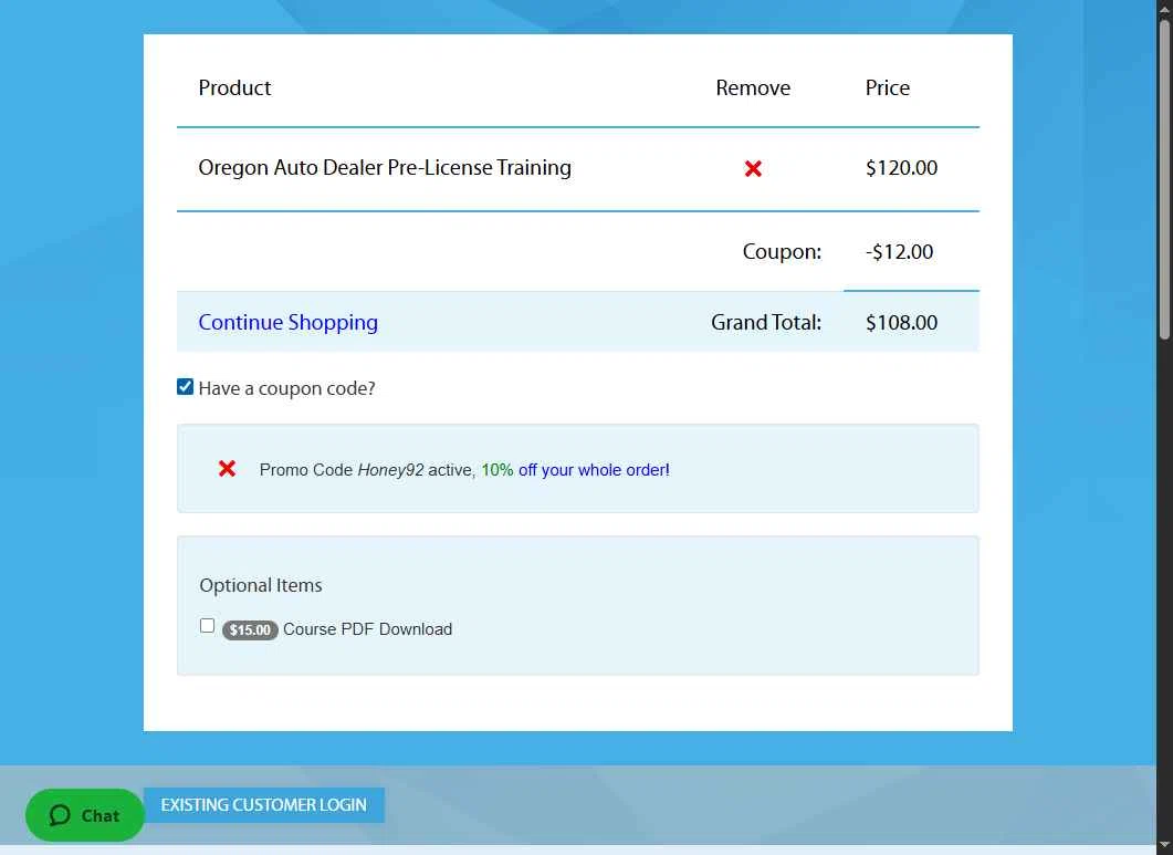 Online Auto Dealer Ed checkout page showing Online Auto Dealer Ed promo code box | Screenshot taken by SimplyCodes community member on Dec 5, 2025