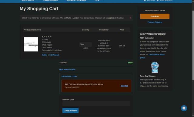 Online Labels checkout page showing Online Labels coupon code box | Screenshot taken by SimplyCodes community member on Aug 2, 2025