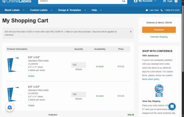 Online Labels checkout page showing Online Labels coupon code box | Screenshot taken by SimplyCodes community member on Sep 5, 2025