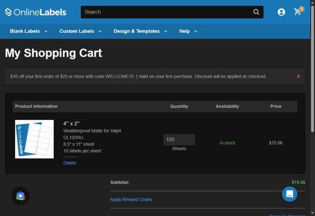 Online Labels checkout page showing Online Labels coupon code box | Screenshot taken by SimplyCodes community member on May 14, 2025