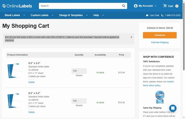 Online Labels checkout page showing Online Labels coupon code box | Screenshot taken by SimplyCodes community member on Aug 31, 2025