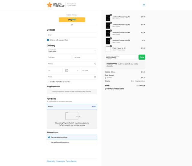 Online Star Map checkout page showing Online Star Map discount code box | Screenshot taken by SimplyCodes community member on Aug 17, 2025