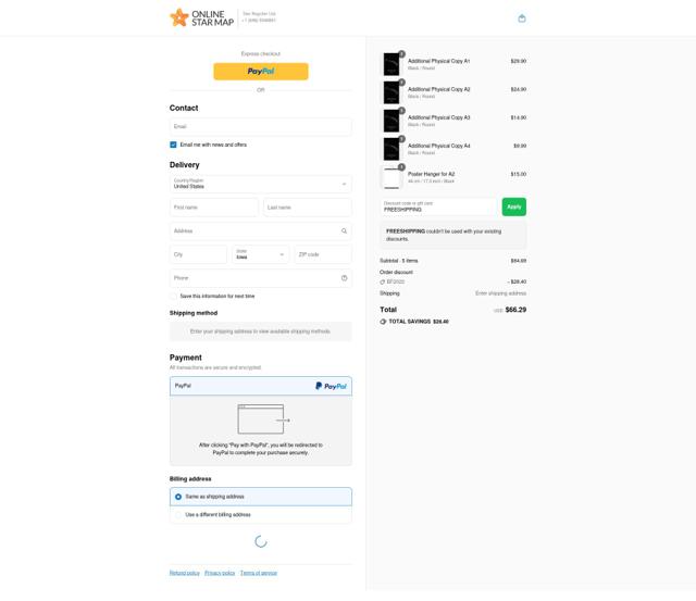 Online Star Map checkout page showing Online Star Map discount code box | Screenshot taken by SimplyCodes community member on Aug 9, 2025