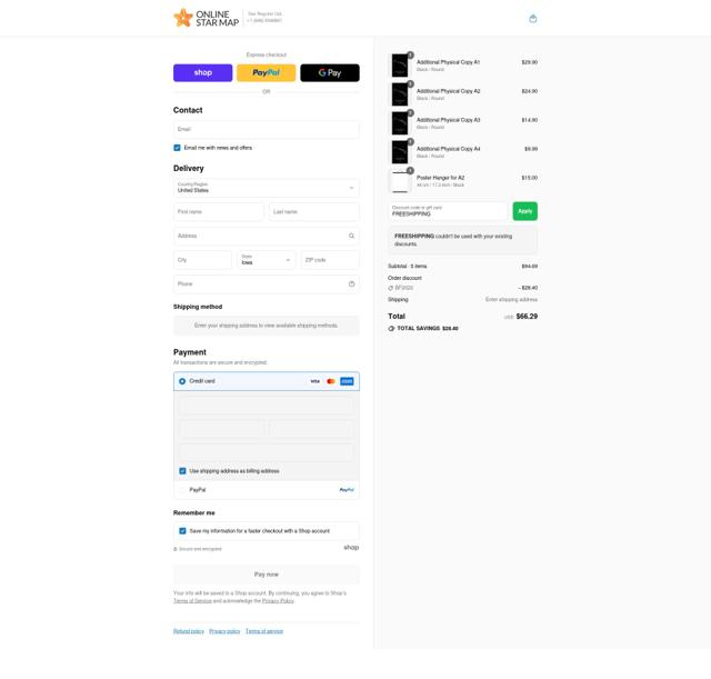 Online Star Map checkout page showing Online Star Map discount code box | Screenshot taken by SimplyCodes community member on Sep 4, 2025